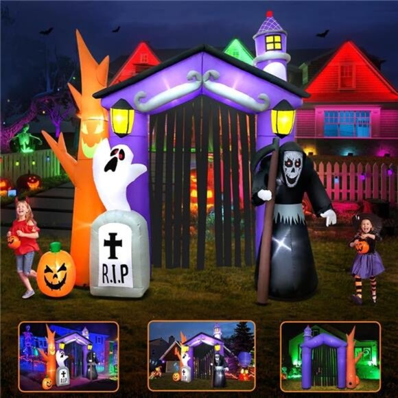 9 FT Halloween Inflatables Haunted House Castle Archway Decoration with Led - Picture 3 of 7